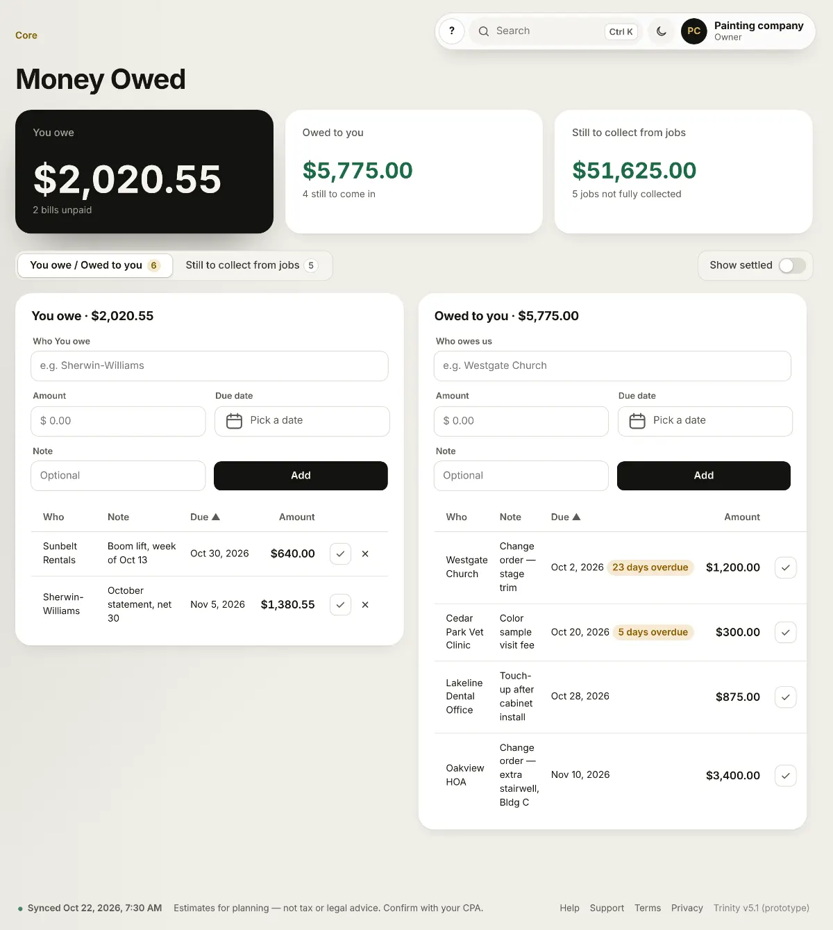 Trinity Money Owed: what you owe, what is owed to you and what is still to collect from jobs. Example data.