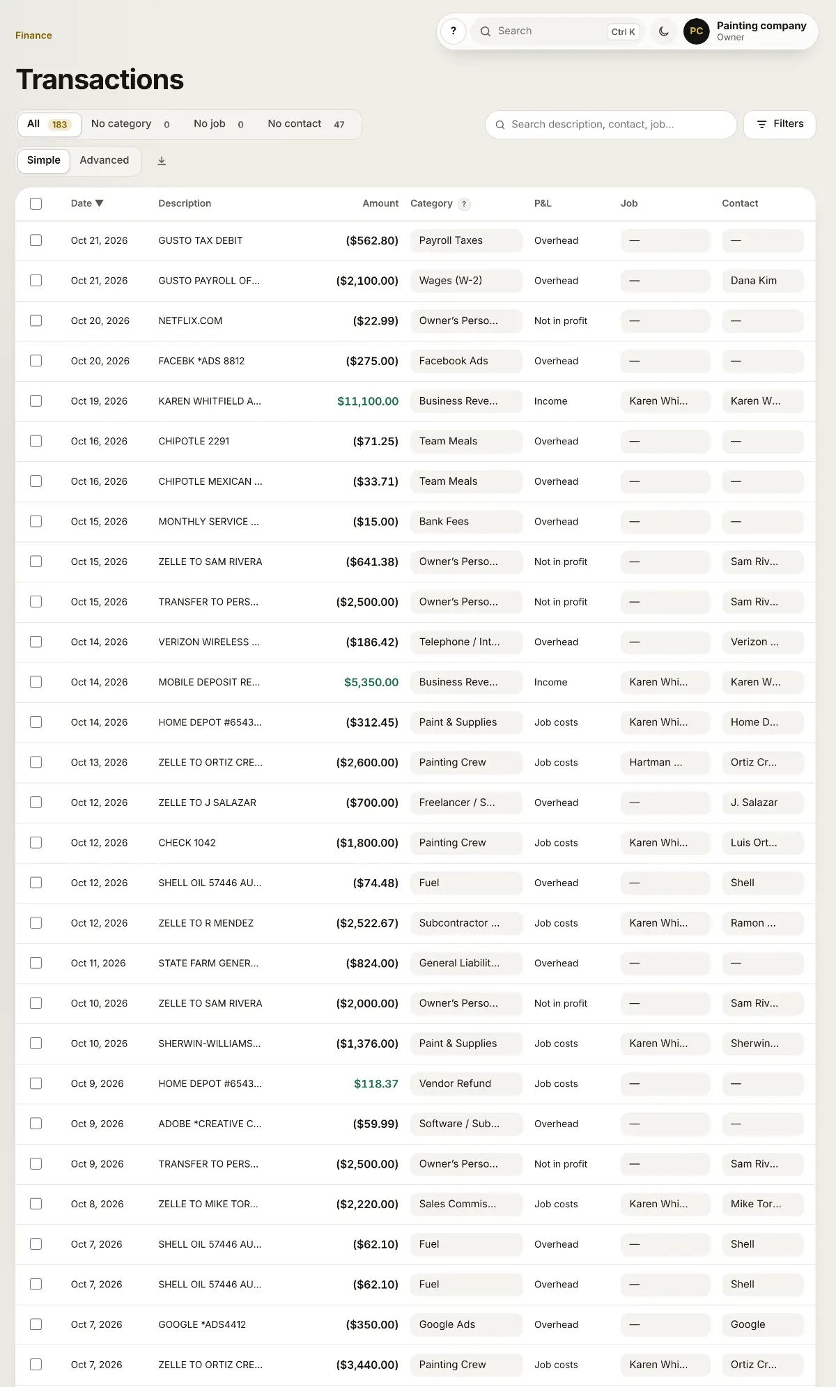 Trinity Transactions: every bank and card line with its category, job and contact. Example data.