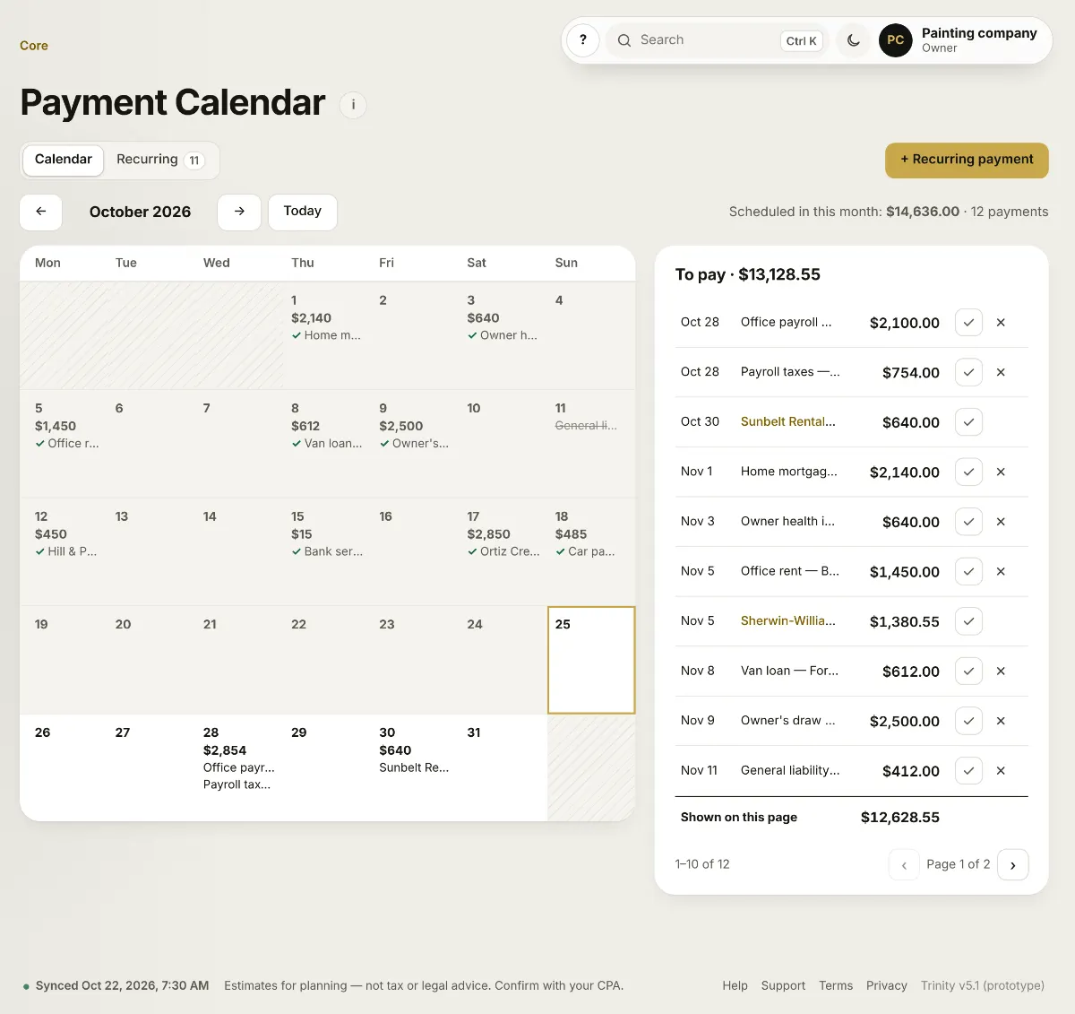 Trinity Payment Calendar: every payment due this month on one calendar. Example data.