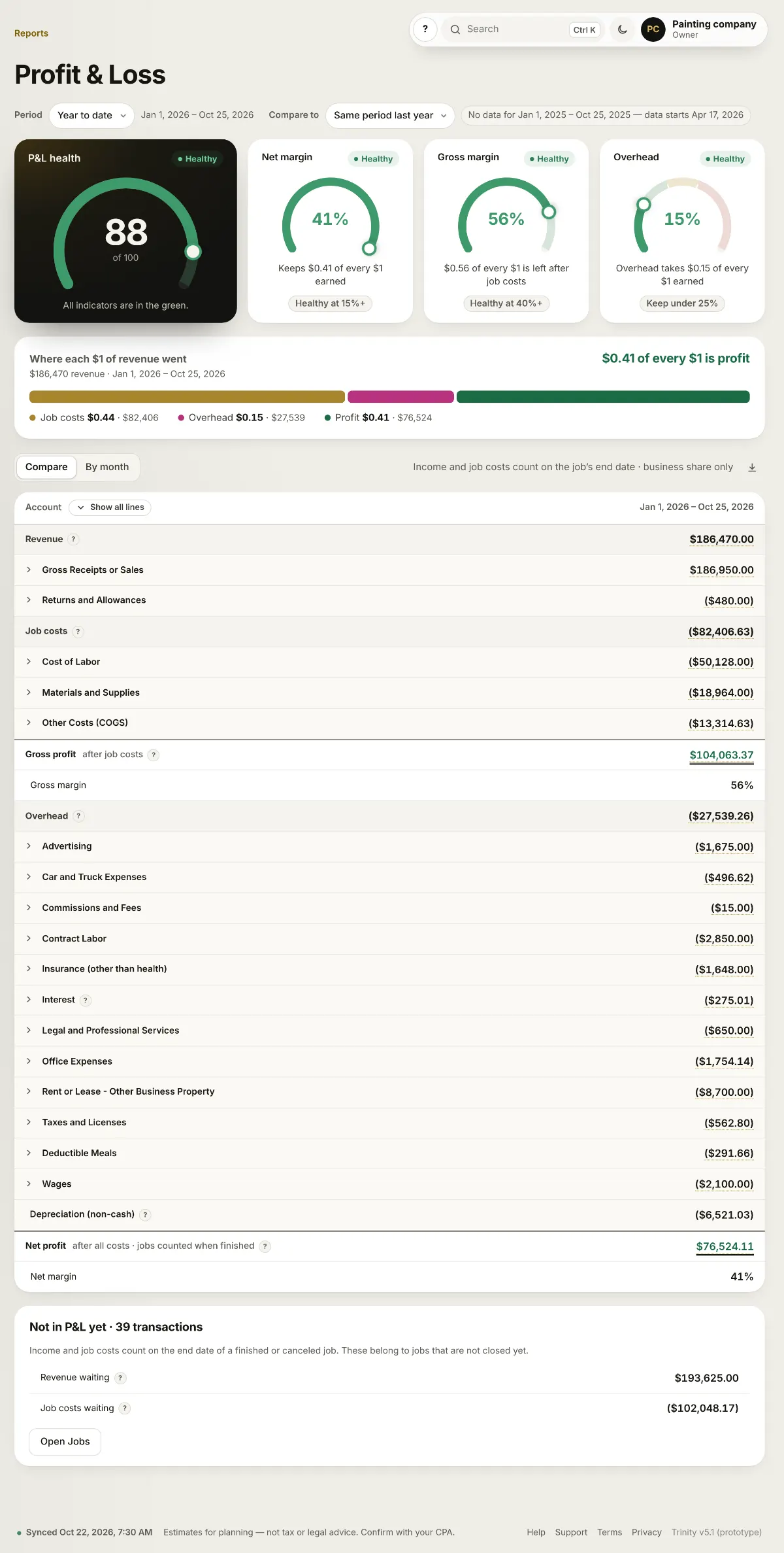 P&L health score 88 out of 100, example data.