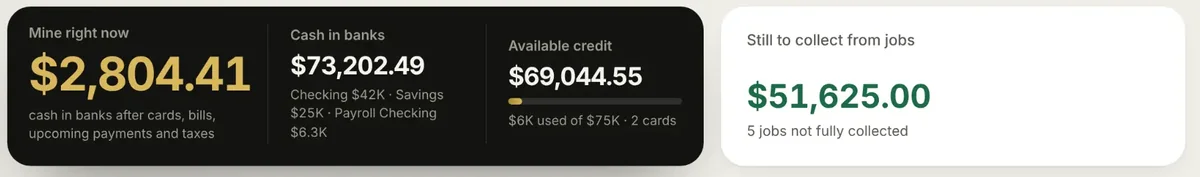 Trinity Home screen: Mine right now, cash in banks, available credit and money still to collect from jobs.