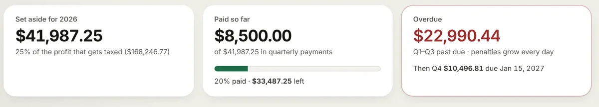 Trinity Taxes screen: amount to set aside for 2026, paid so far in quarterly payments, and overdue amount with the January 15, 2027 due date.